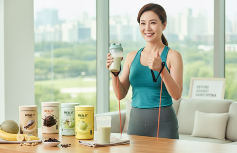 a middle-aged woman about to drink meal it protein shake