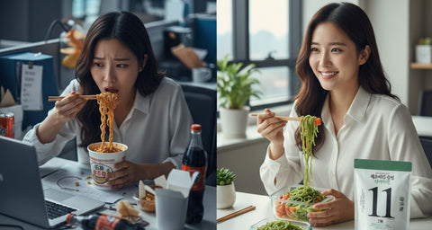 differentiation of a woman eating unhealthy noodle and haechomiin healthy noodle