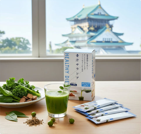 salacia juice with japanese scene background