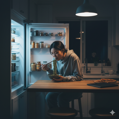 a woman eating haechomiin noodle at night