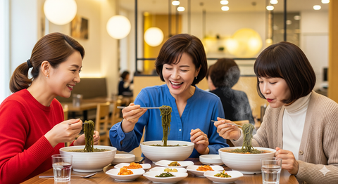 a group of womans eating healthy noodle together