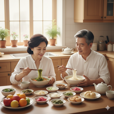 husband and wife eating haechomiin together in a dining room