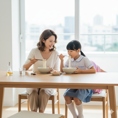 mom and her daughter eating haechomiin noodle