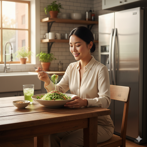a woman eating haechomiin noodle at the dining room