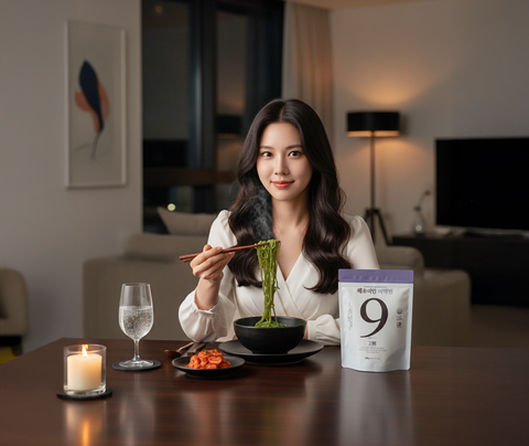 a woman about to eat seaweed kelp noodle