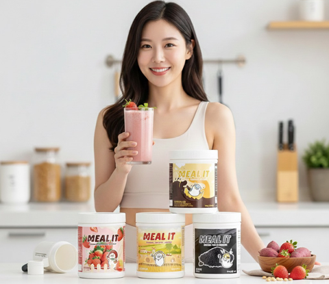 a girl with 4 different variations of meal it protein shake