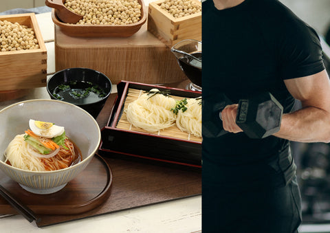 healthy noodle on the left. a person working out on the right