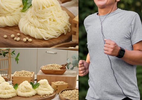 three collages. two on the left, fresh haechomiin tofu noodle. on the right, a man working out