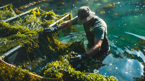 Farmer harvesting seaweed in the ocean