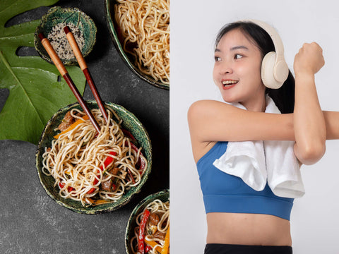 haechomiin healthy noodle plating with a woman working out on the side