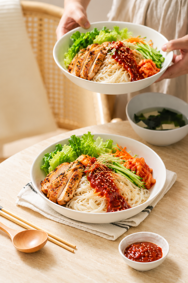 JOY K serving inspiration with tofu noodles, cooked chicken, egg and vegetables